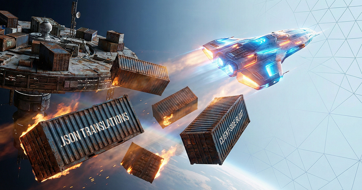 Conceptual illustration of a spaceship jettisoning heavy JSON translations and client-side bloat, representing the shift to zero-JS Edge-Native i18n architecture.